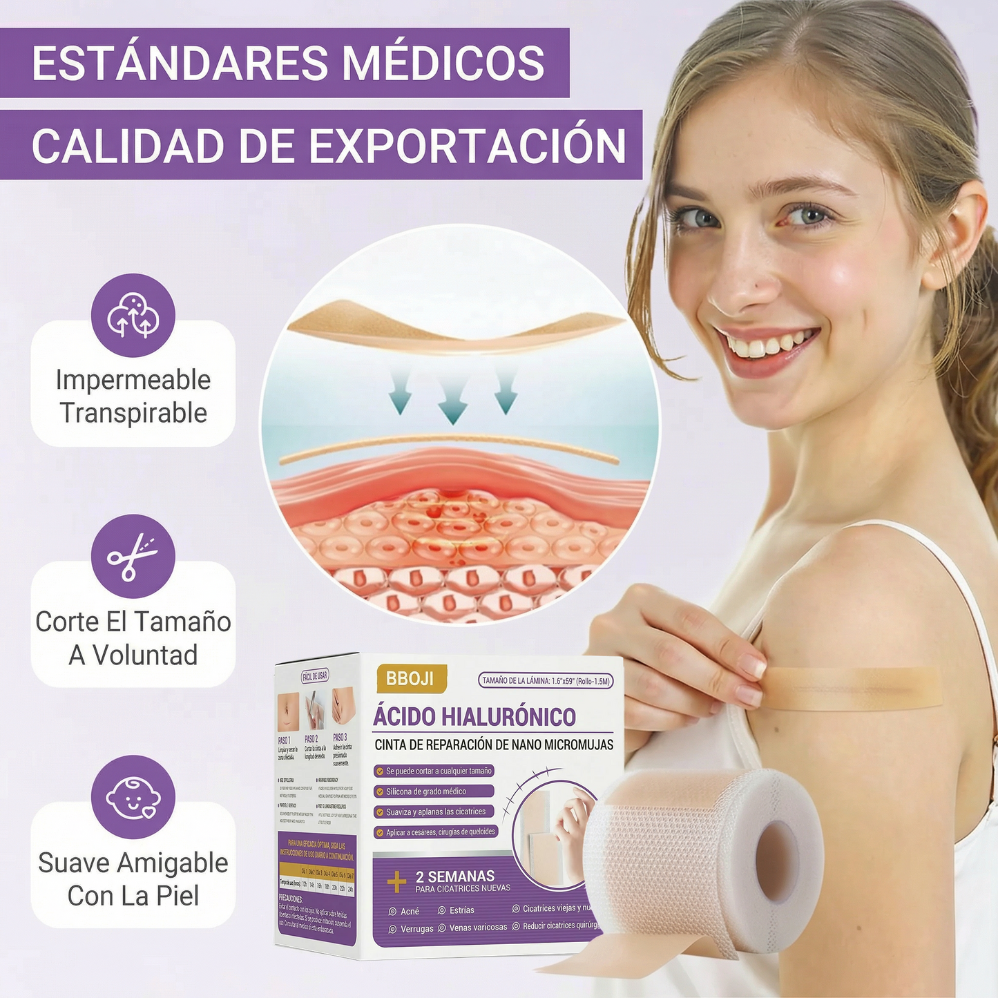 ✅Tienda oficial | BBOJI® ácido hialurónico cinta de reparación de nano micromujas 🏥(tratamiento de cicatrices antiguas y recientes, reducción de cicatrices quirúrgicas, estrías, queloides, acné, quemaduras, verrugas, dermatomas y varices)