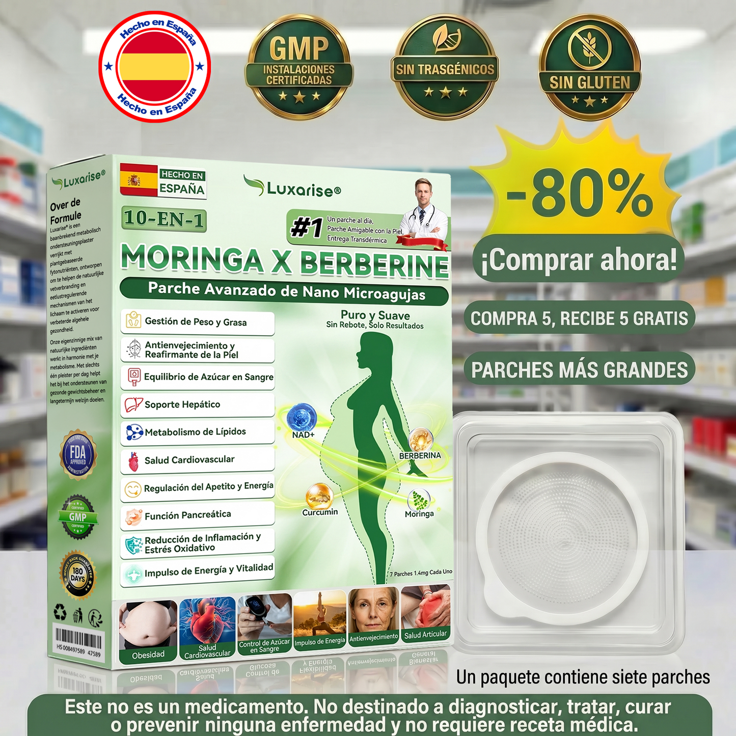 𝑳𝒖𝒙𝒂𝒓𝒊𝒔𝒆® 🌈 Moringa & Berberina 10 en 1 Parche Avanzado de Microagujas Nano (Uso diario, cambios visibles en 7 días) 👩‍⚕️ Obesidad, Diabetes, Apnea del Sueño y Problemas Articulares